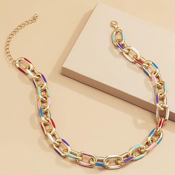 Gold Chunky Multi Colored Necklace - Picture 2 of 4